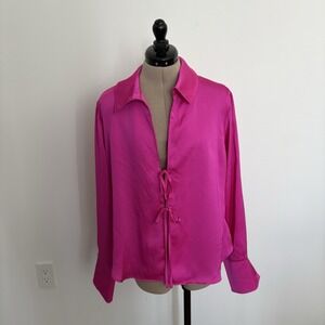 Wild Fable Womens Blouse Size Large Magenta Hot Pink Long Sleeve Tie Front Top